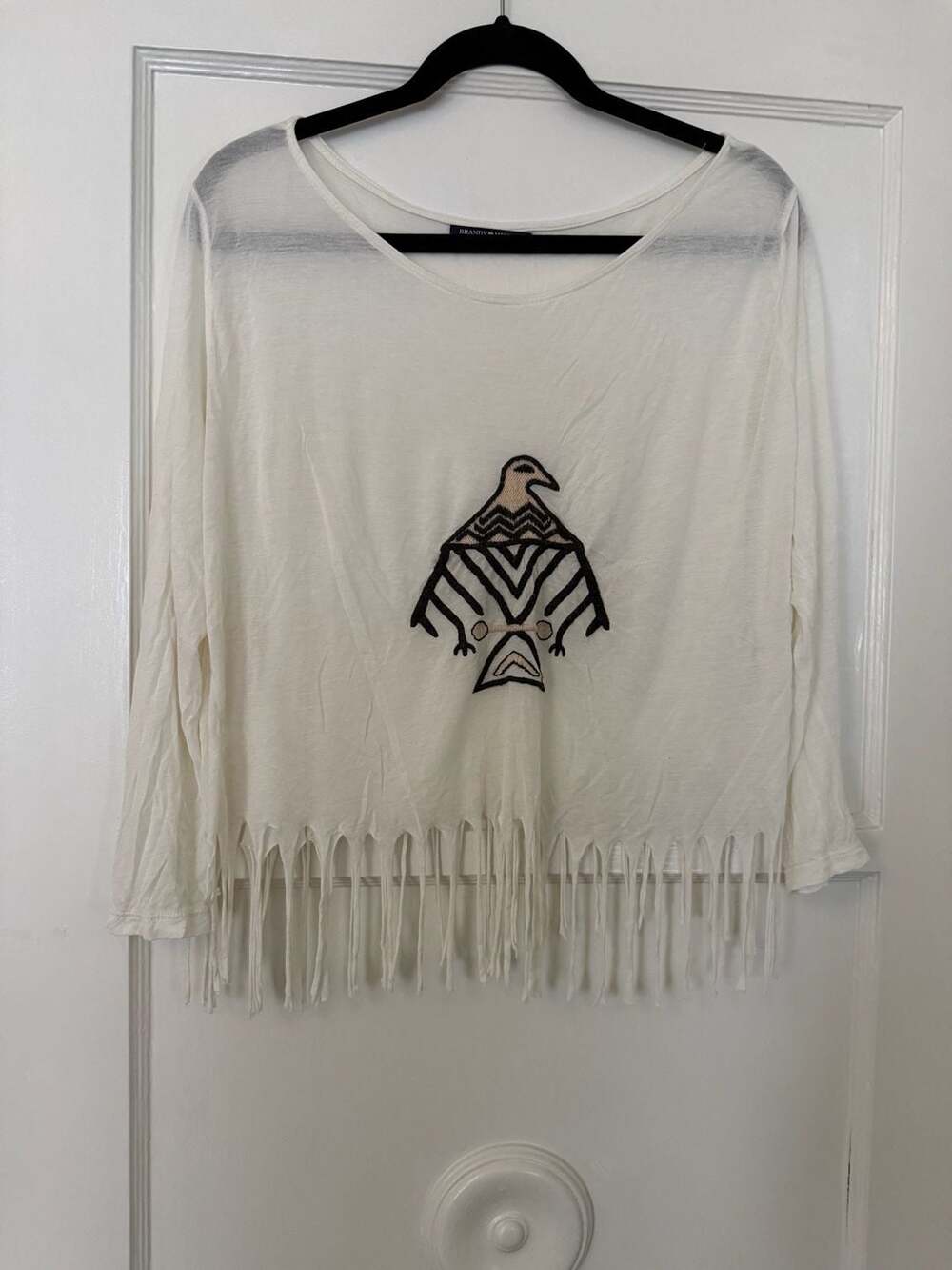 Brandy Melville White Thunderbird Graphic Fringe Long Sleeve Top One Size